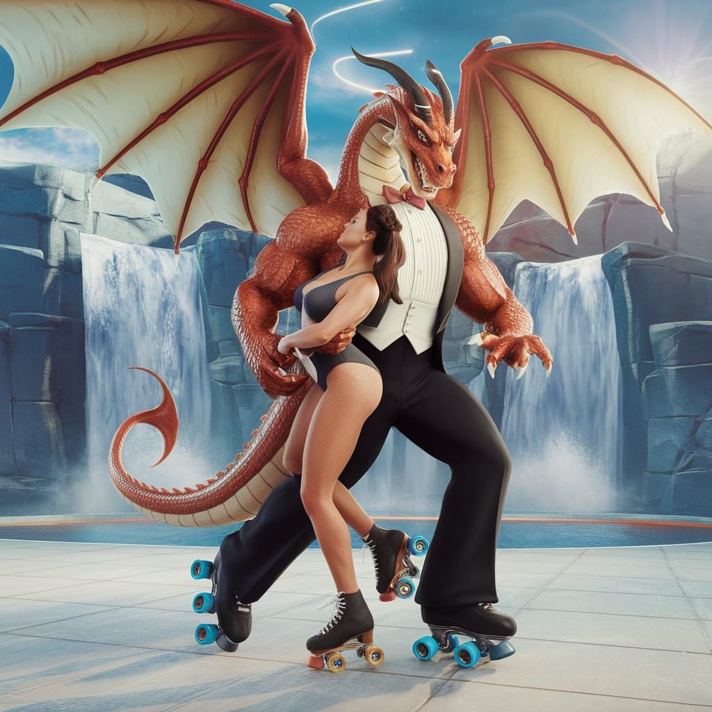 Human-Dragon Couple's Romantic Roller Skate Dance