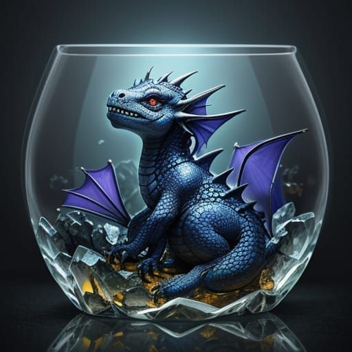A cute miniature baby dragon sitting in a glass jewelry box ...