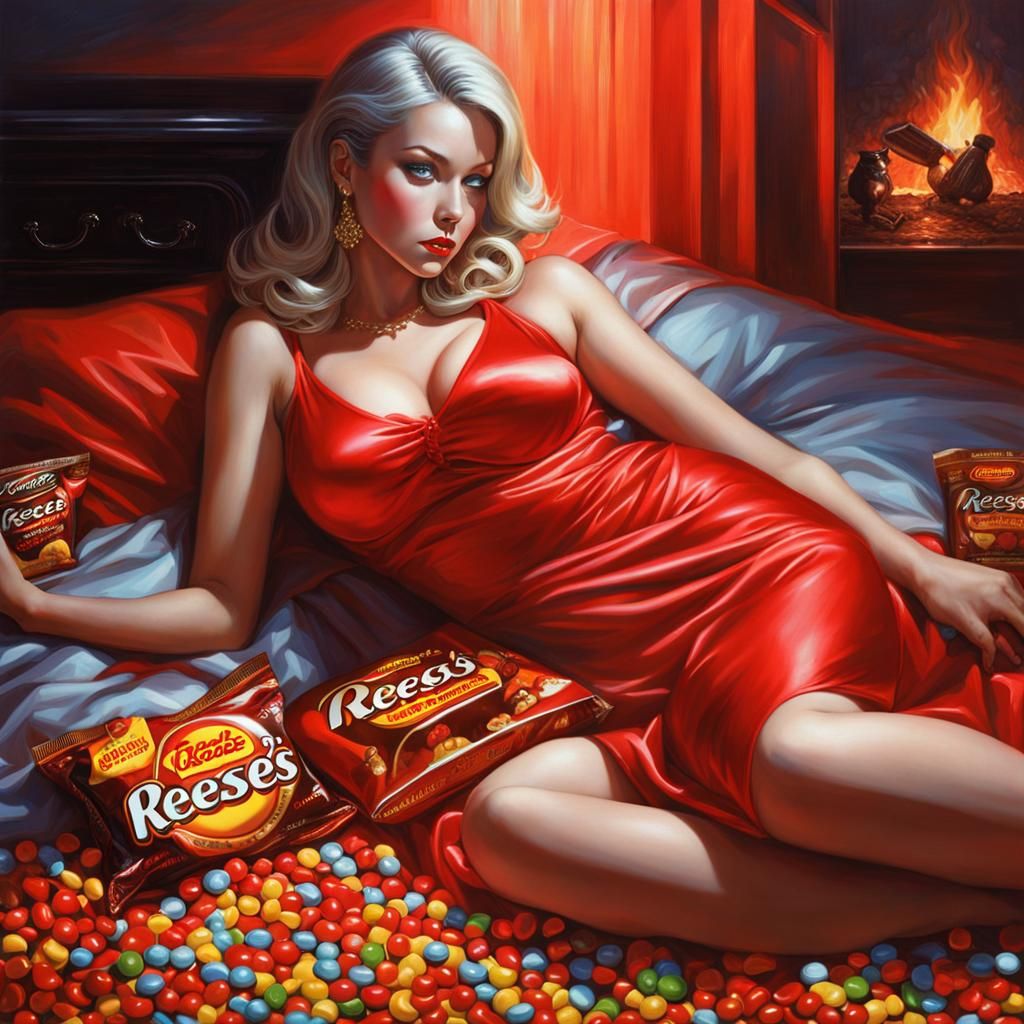 Reese's pieces on the bed