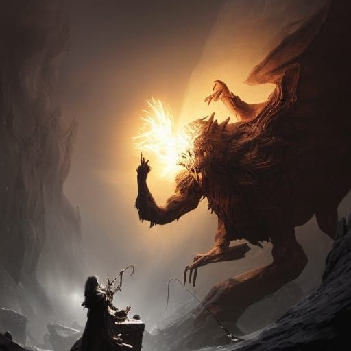 Epic Battle: Wizard Confronts Balrog in Fantasy Art