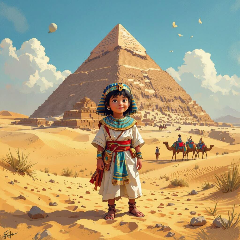 Young Time Traveler in Egypt, Whimsical Art Style