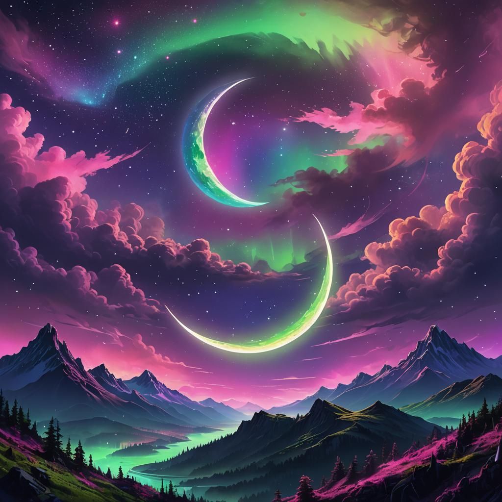 Neon Starry Night Crescent Moon Digital Painting