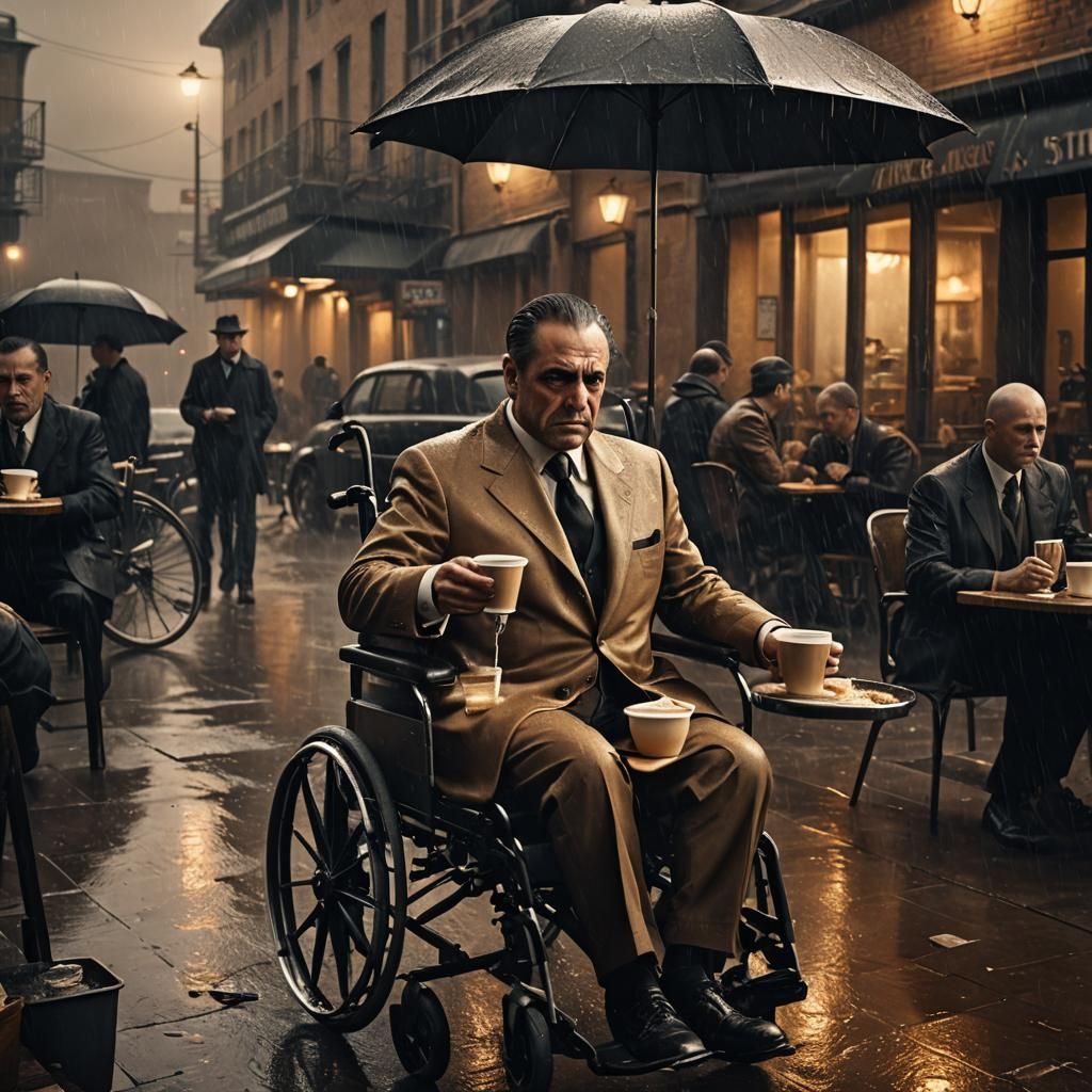 Mafia Boss in Wheelchair with Coffee: Digital Matte Painting