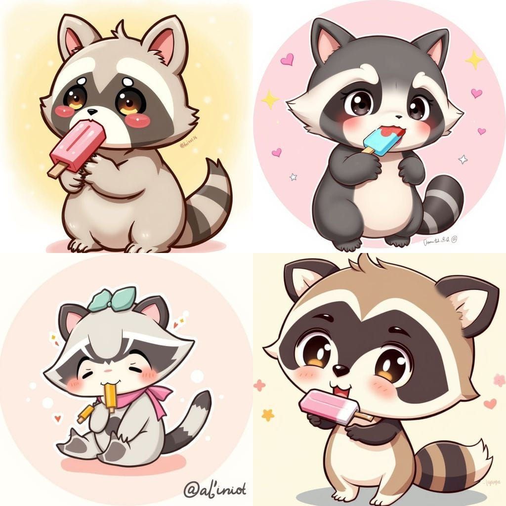 Cute Chibi Raccoon Enjoying a Popsicle in a Whimsical Scene