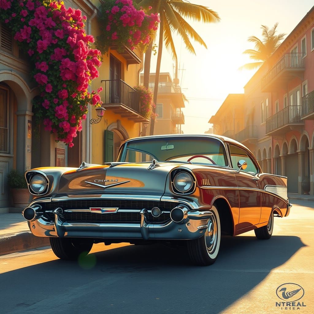A graphite painting captures the sleek, vintage lines of a Chevy Bel Air parked on a sunlit Caribbean street, its polish...