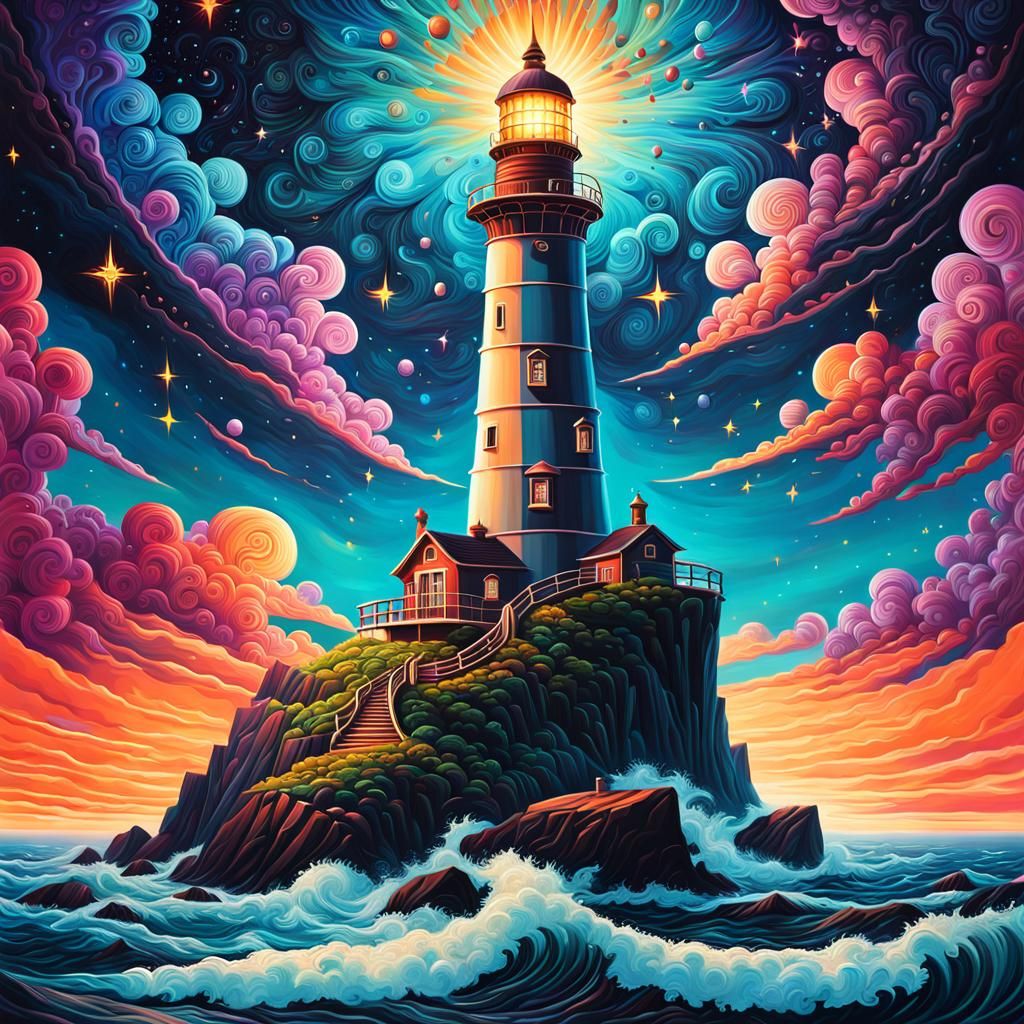 Mythical Lighthouse Landscape in Hypermaximalist Style