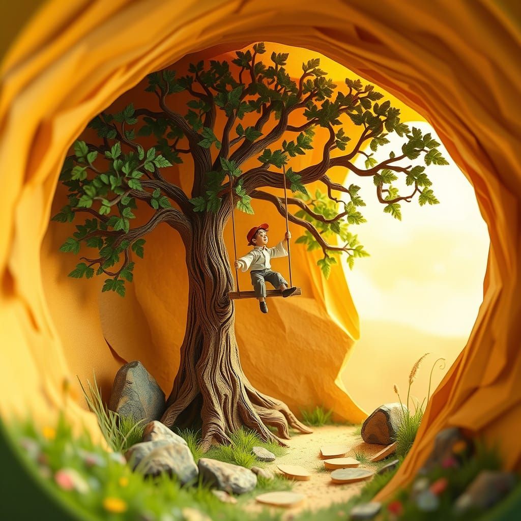 Papercraft Cave With Tree and Boy on Swing