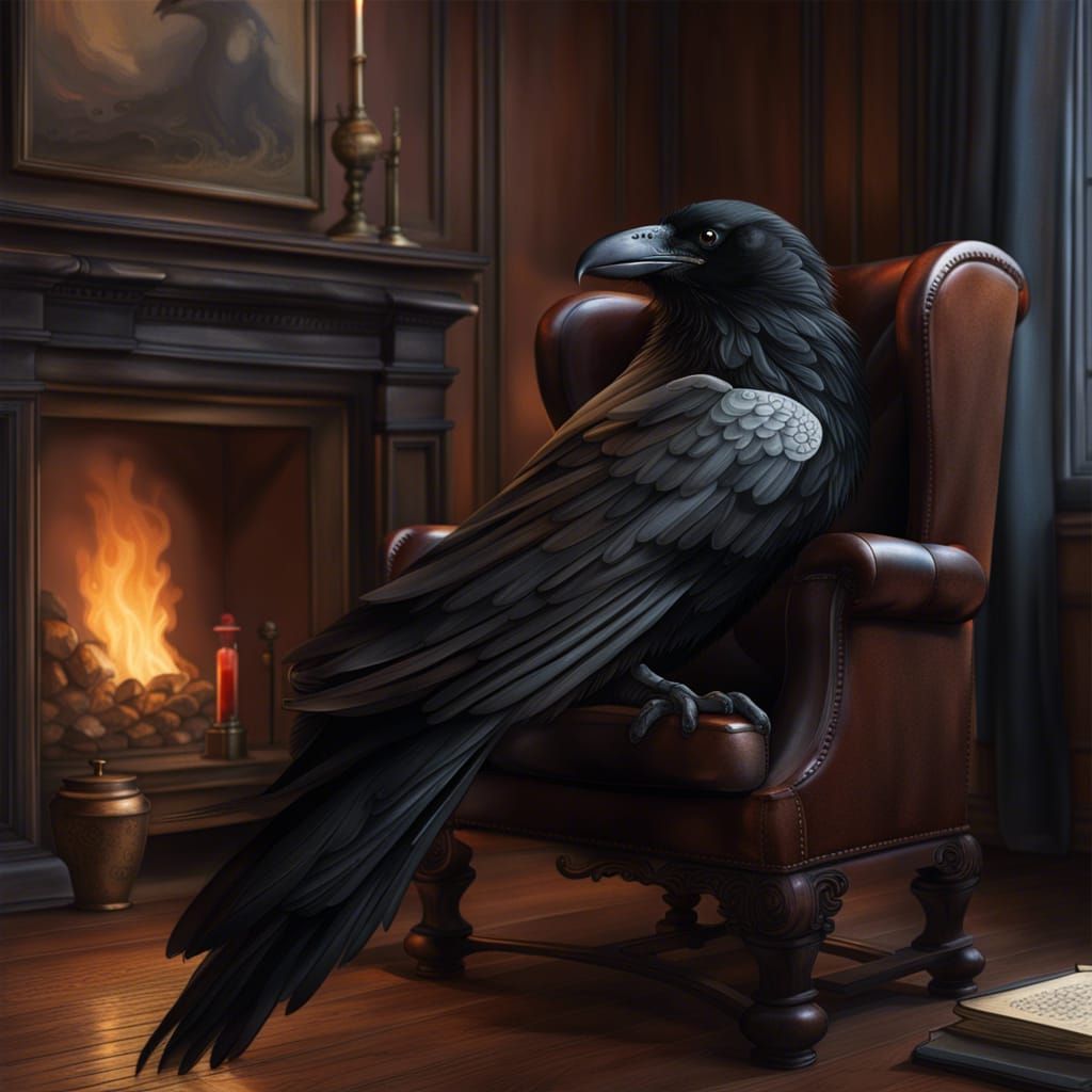Realistic Raven in Old Study with Fireplace