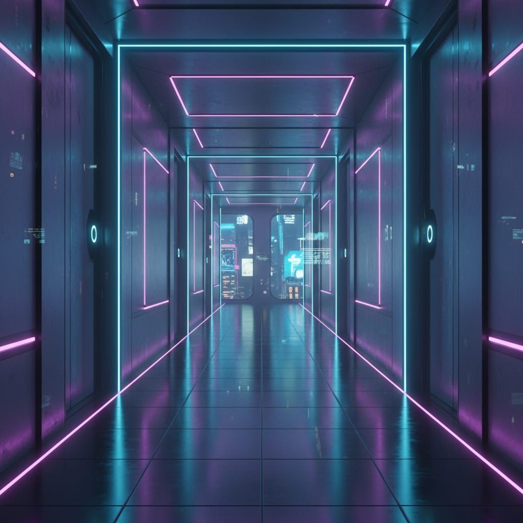 Cyberpunk Hotel Hallway: A Liminal Space