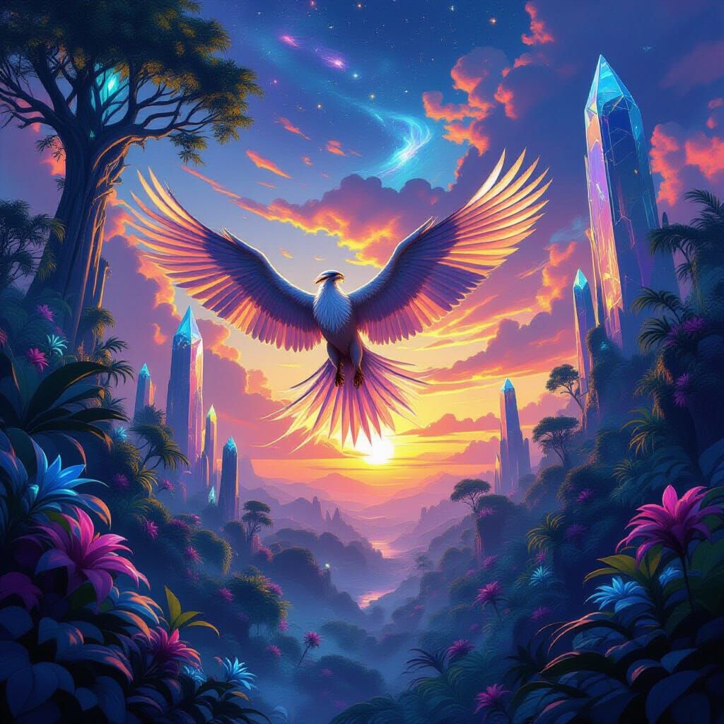 Majestic Griffin Soars Through Alien Jungle At Sunset