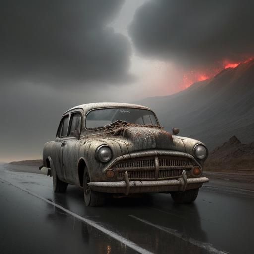 Melting Vintage Car on Endless Road: Digital Art