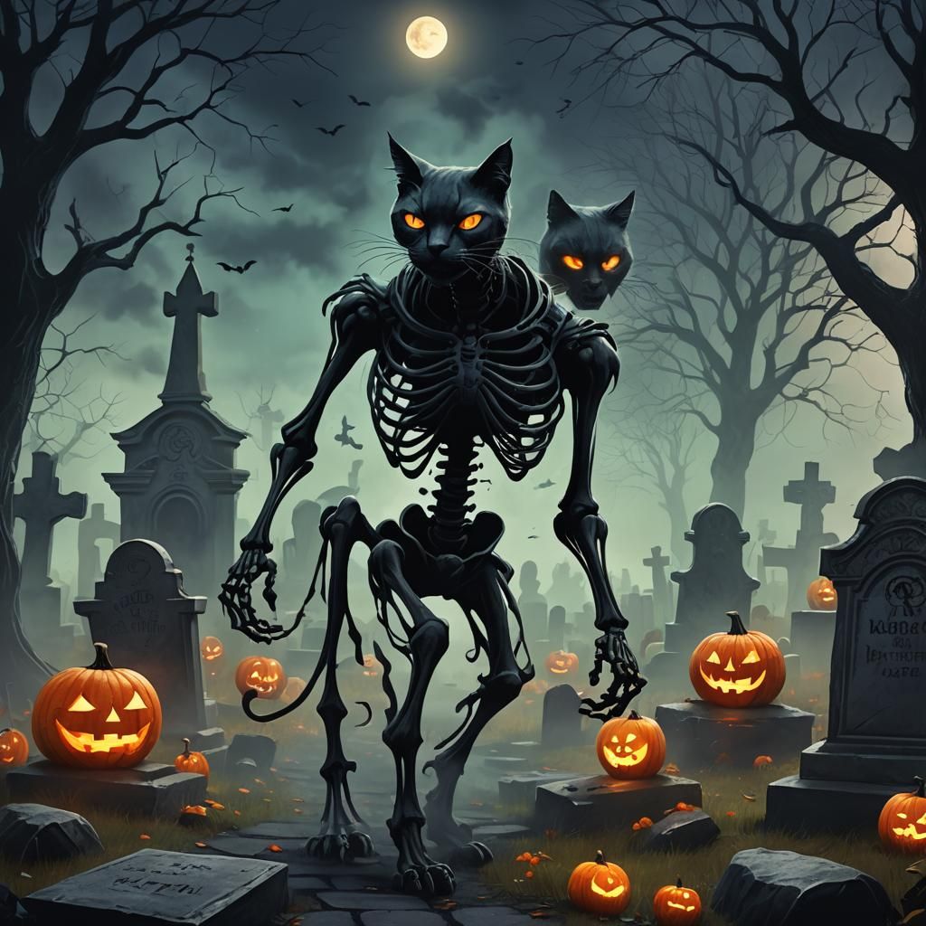 Spooky Black Skeleton Cat in Graveyard: Dark Fantasy
