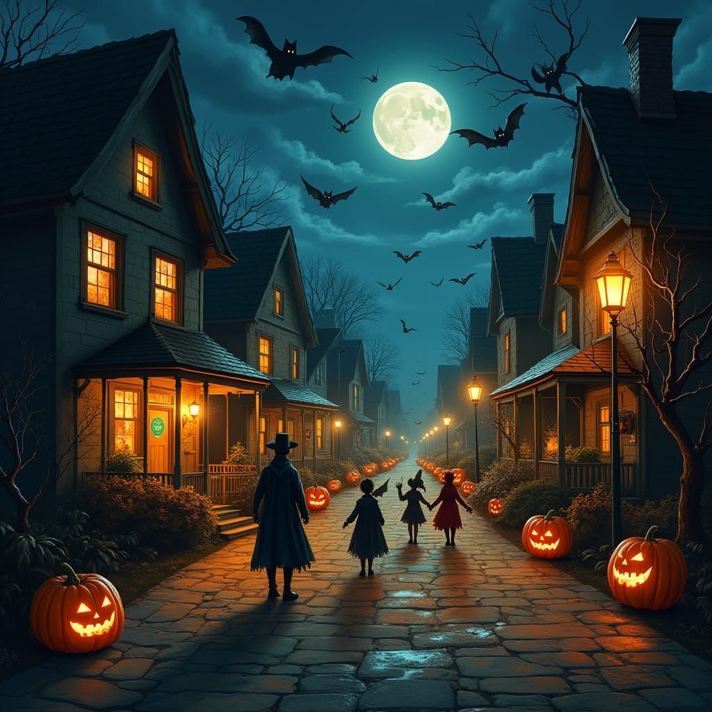 Eerie Halloween Night Illuminated by Jack-o'-Lanterns