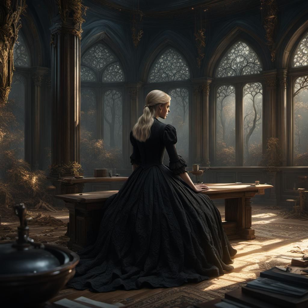 Teenager in Black Dress: Detailed Matte Painting