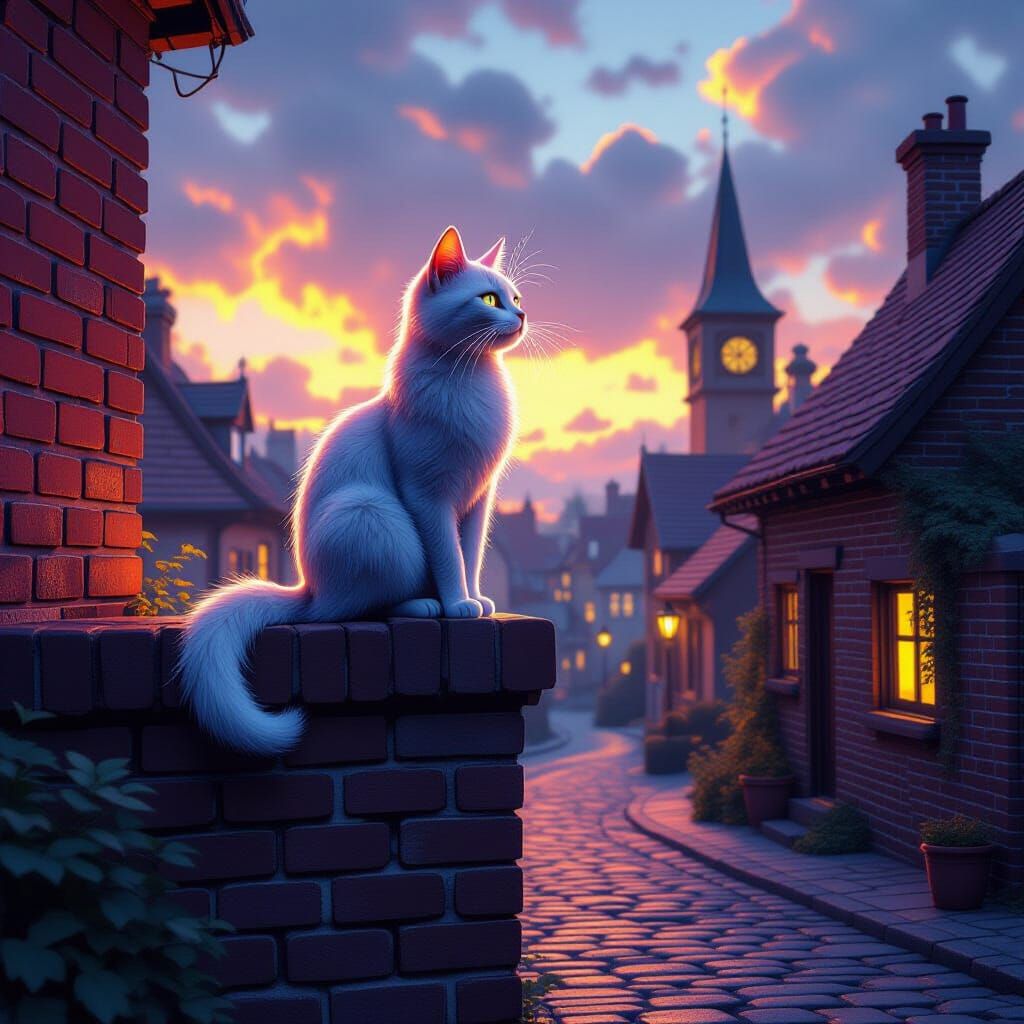 Luminous Cat on Brick Wall, Dark Fantasy Concept Art