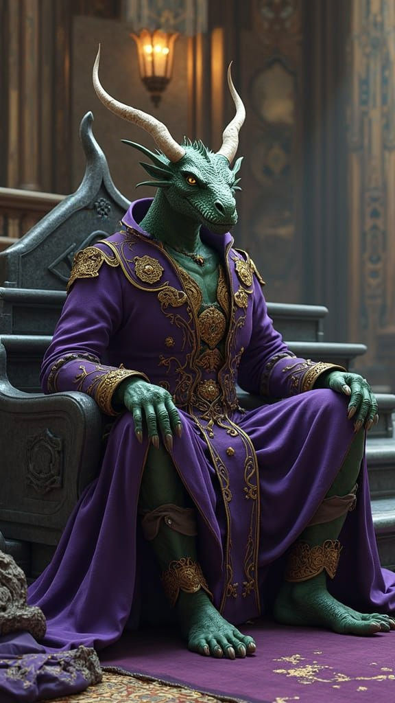 Regal Dragonborn in Dark Fantasy Throne Room