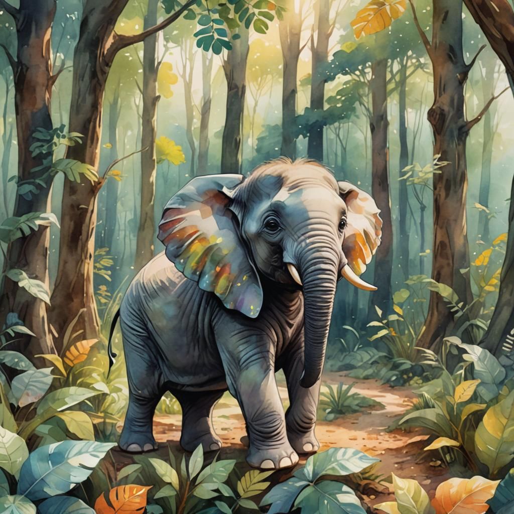 Cute Elephant's Forest Journey: Whimsical Watercolor Art