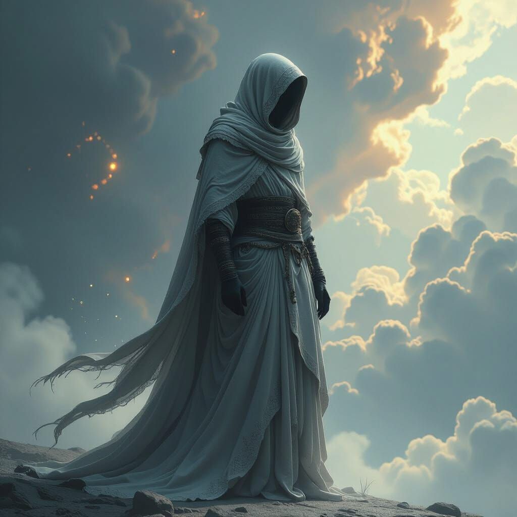 Mystical Figure Amidst Swirling Clouds in Digital Art Style
