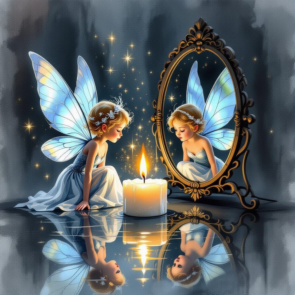 Little Thumbelina Reflected in Mirror Above Candle Flame