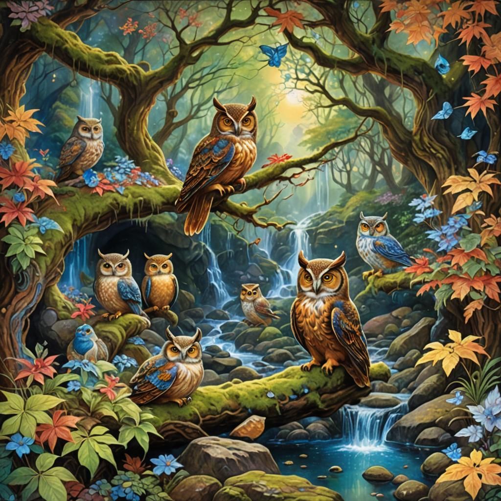 Colorful Owls in Crystal Cave, Maximalist Digital Painting