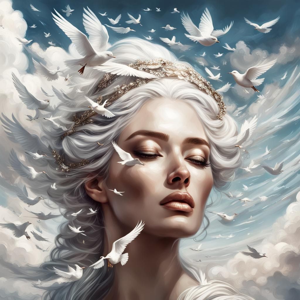 Cloud Goddess Portrait with Birds, Digital Art
