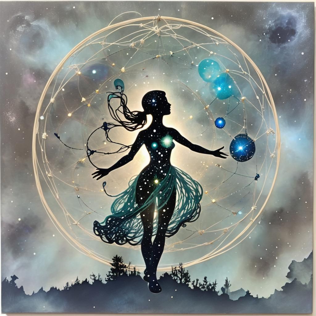 Ethereal Physicist in Cosmic String Art Style