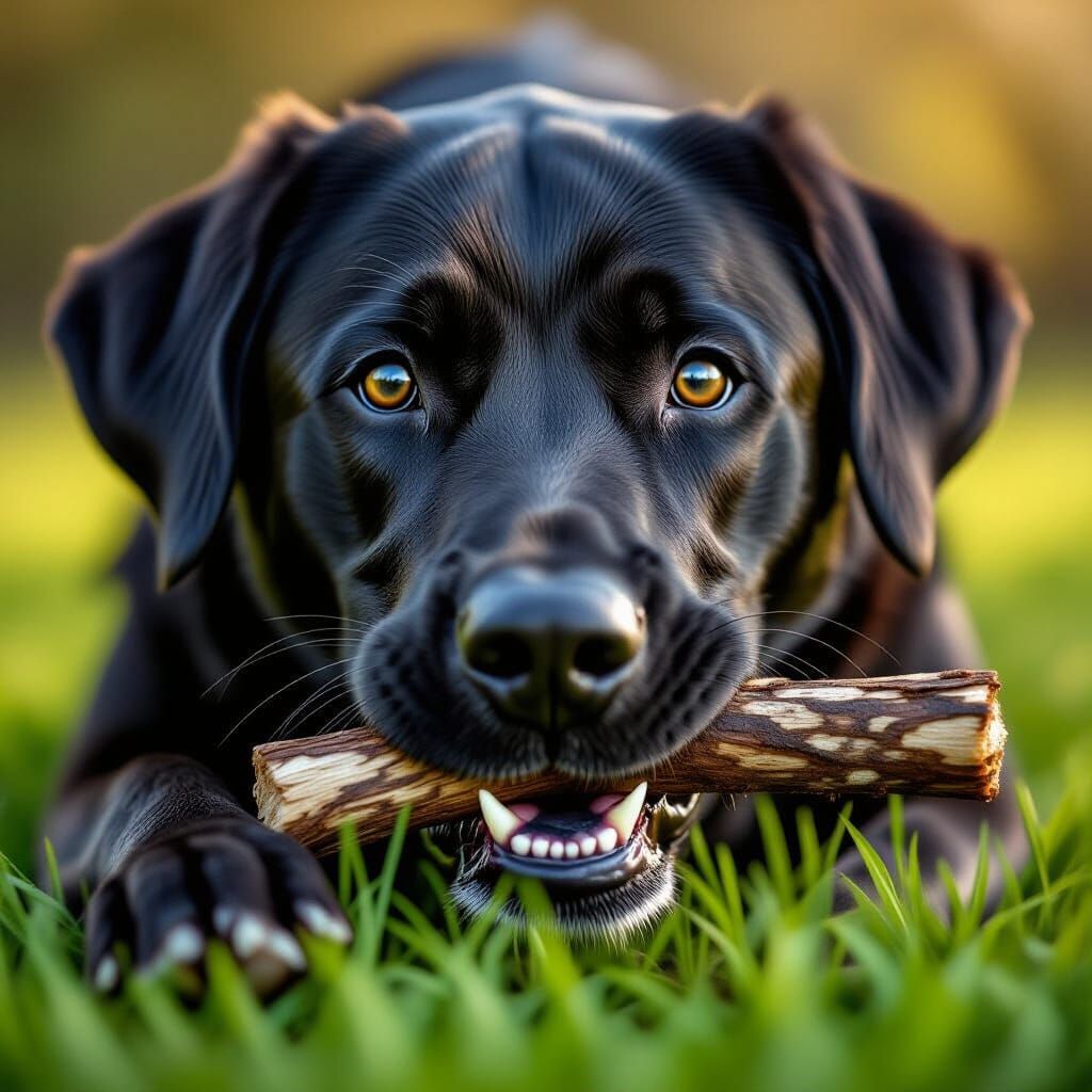 Black Lab Chewing Stick in Grass - Photorealistic Close-Up
