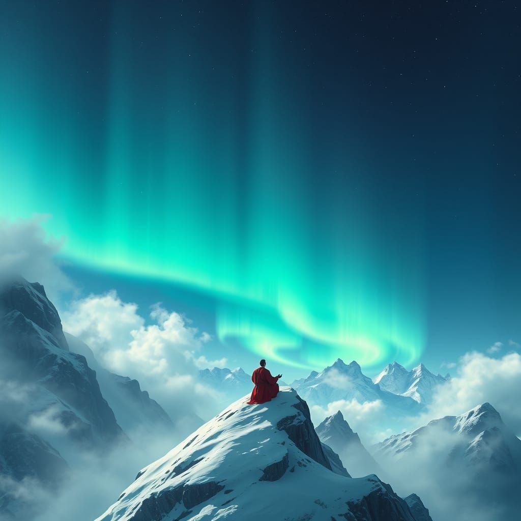 Martial Artist Meditating Under Aurora: Matte Painting