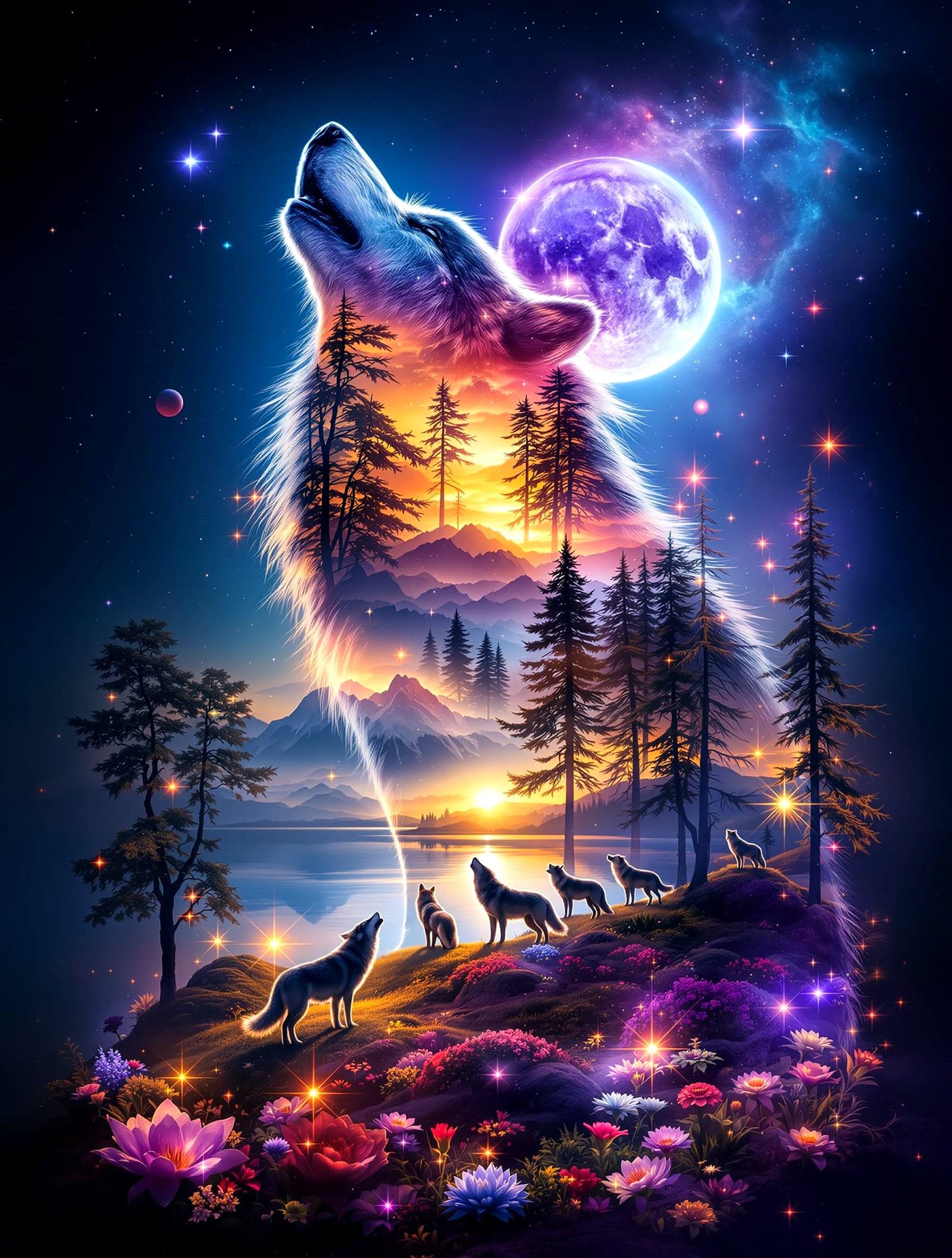 Surreal Wolf Dreamscape with Galaxy and Forest
