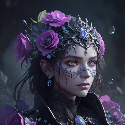 Rhinestone Skull Surrounded by Dewy Flowers