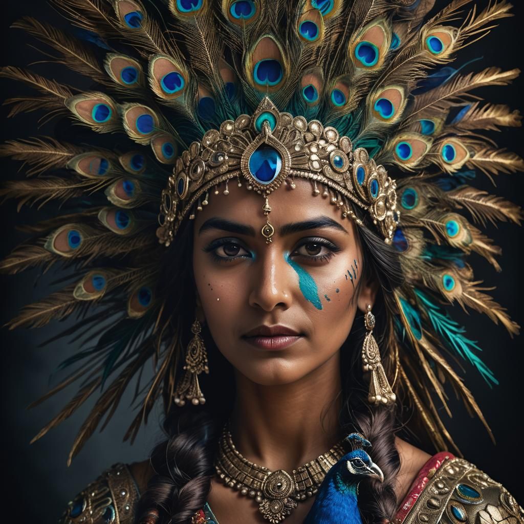 Indian Woman with Peacock Headdress: Hyper-realistic Portrai...