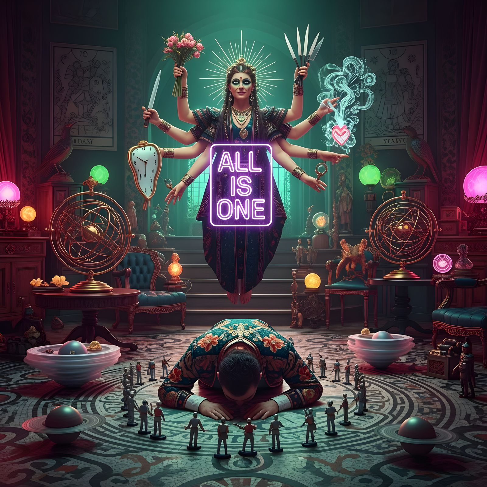 Goddess in Opulent Salon with Symbolic Objects