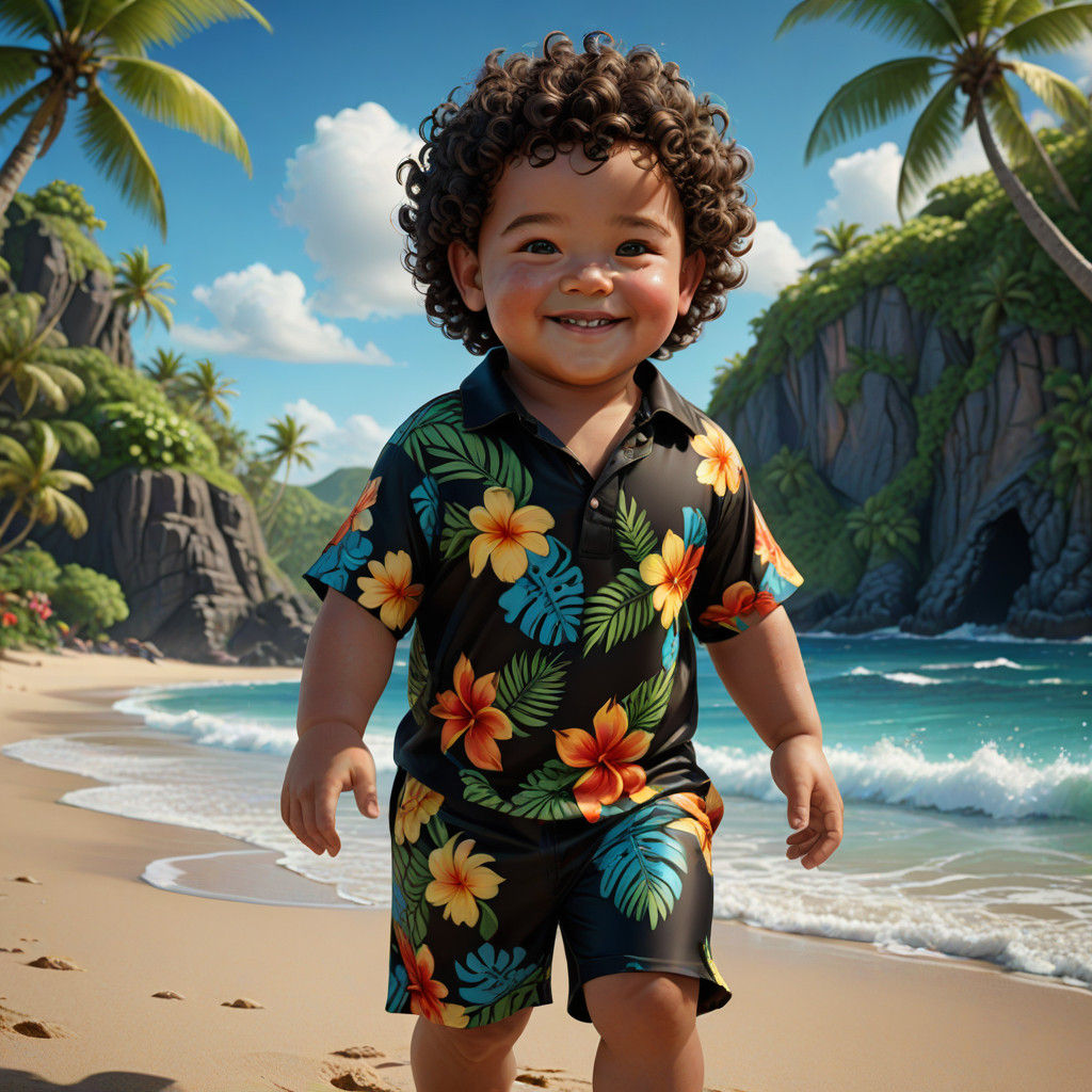 Chubby Cheek Hawaiian Baby Boy in Beach Outfit with Island F...