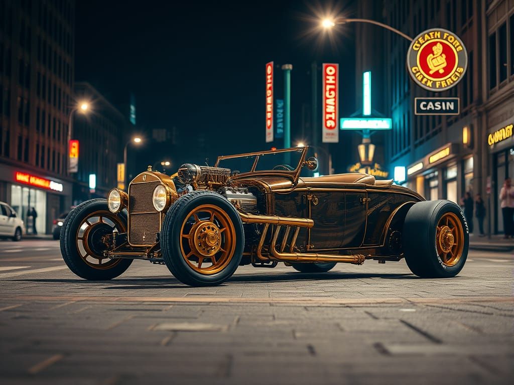 Steampunk Brass Beauty Under Neon Streetlights