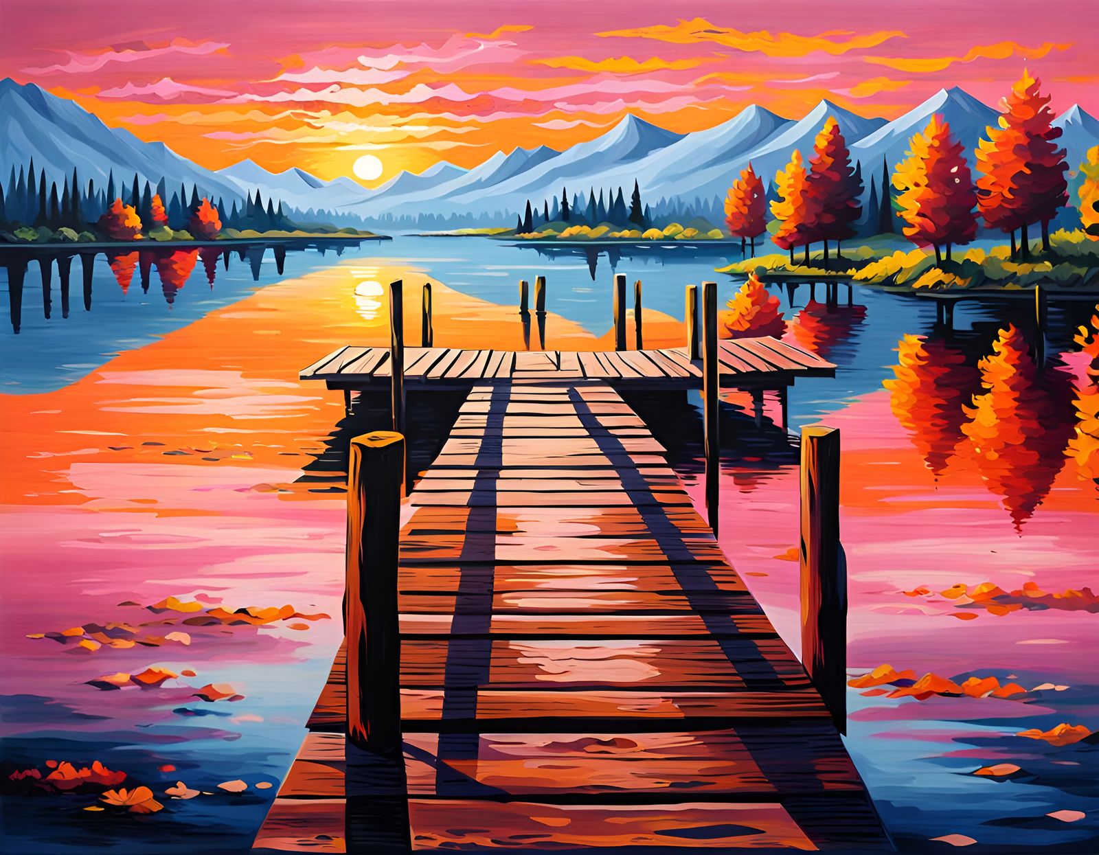 Scenic Kashmir Lake Pier at Sunrise as Oil Painting