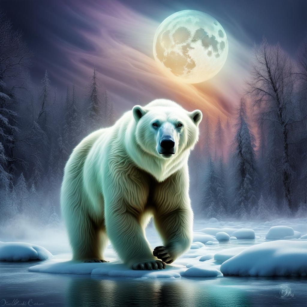 Ethereal Polar Bear Under Bioluminescent Moon, Detailed Matt...