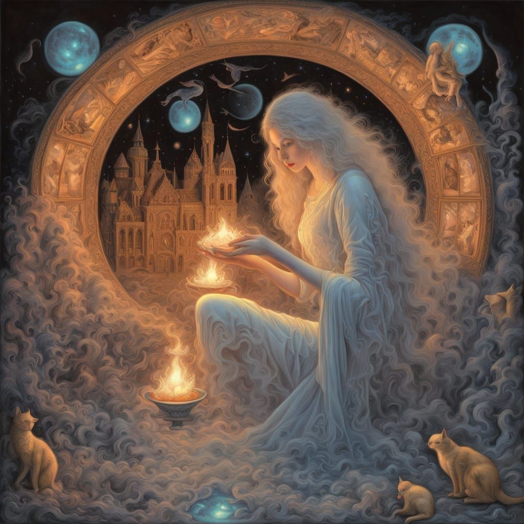 Ethereal Woman Holds Cat Amidst Cosmic Nest