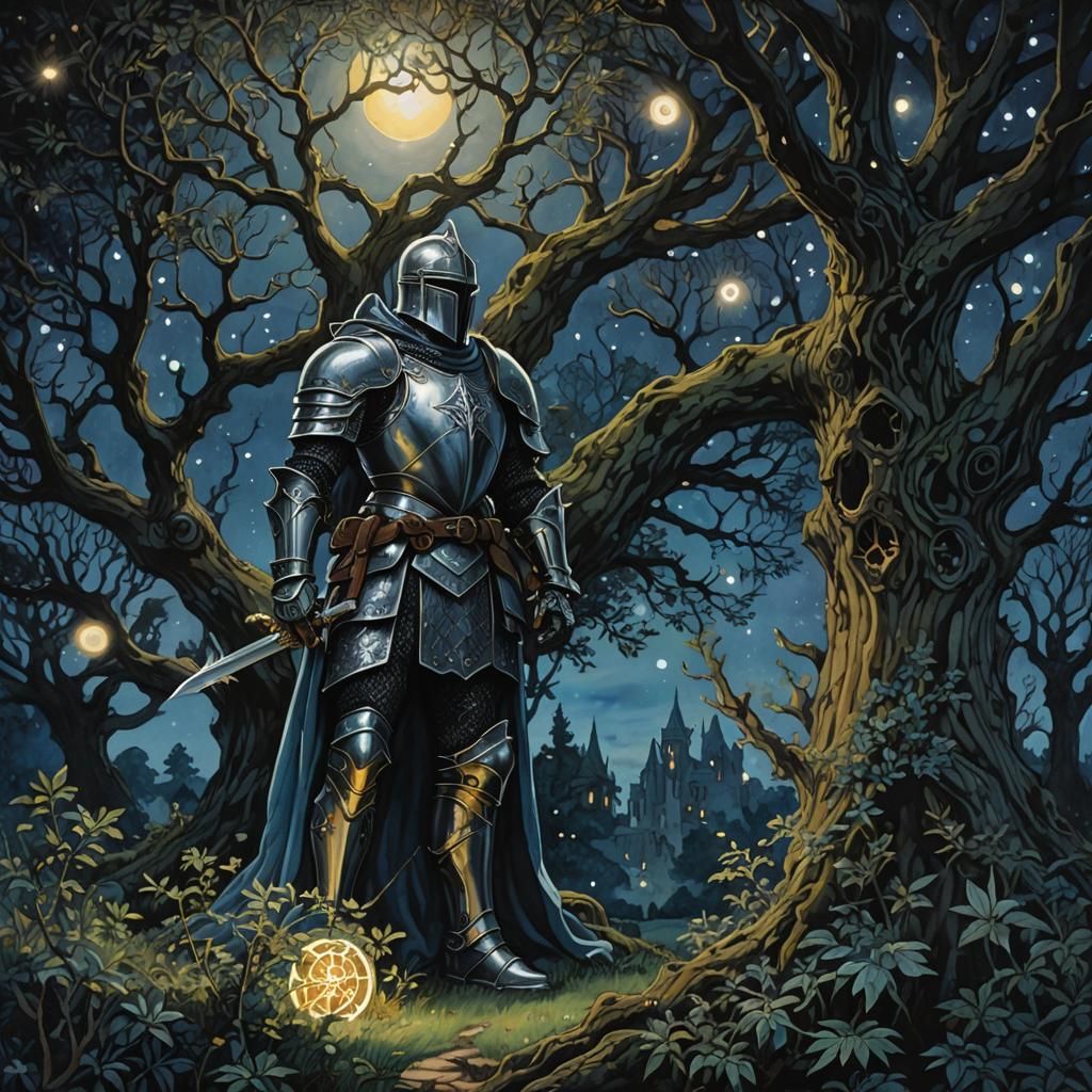 Knight with Glowing Quatrefoil Before Mystic Tree