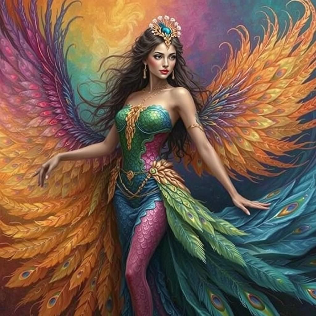 Dragon Peacock Woman in Abstract Expressionist Style