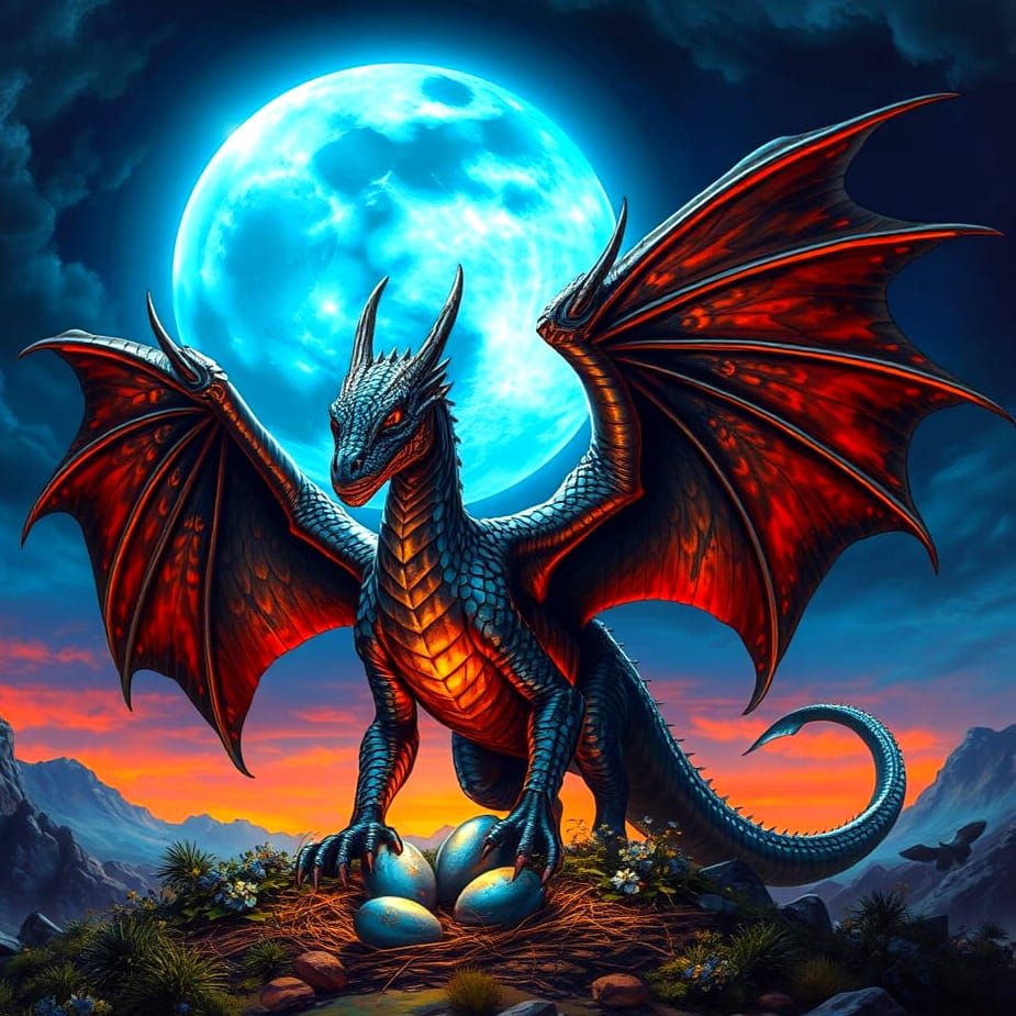 Dragon Guarding Eggs Under Blue Moon