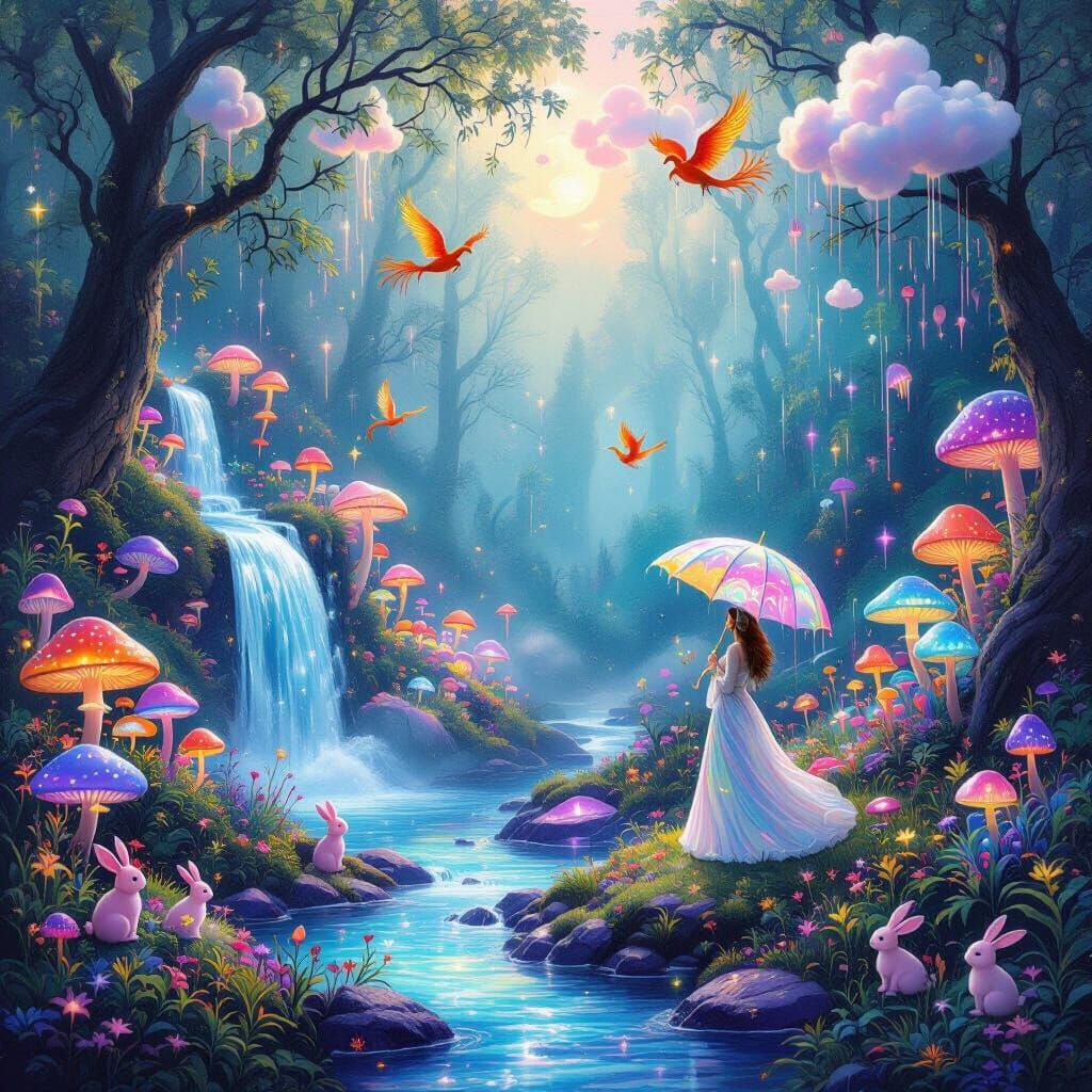 Enchanted Forest with Glowing Mushrooms, Teal Waterfall & Ph...