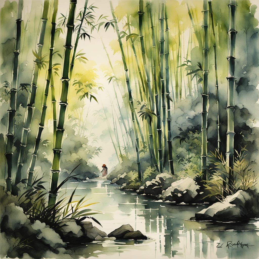 Bamboo Forest Watercolor Painting with Sunlight