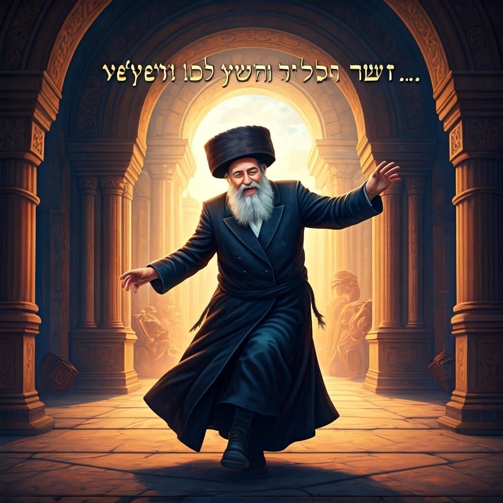 Joyful Hasidic Man Dancing in Dreamlike Setting