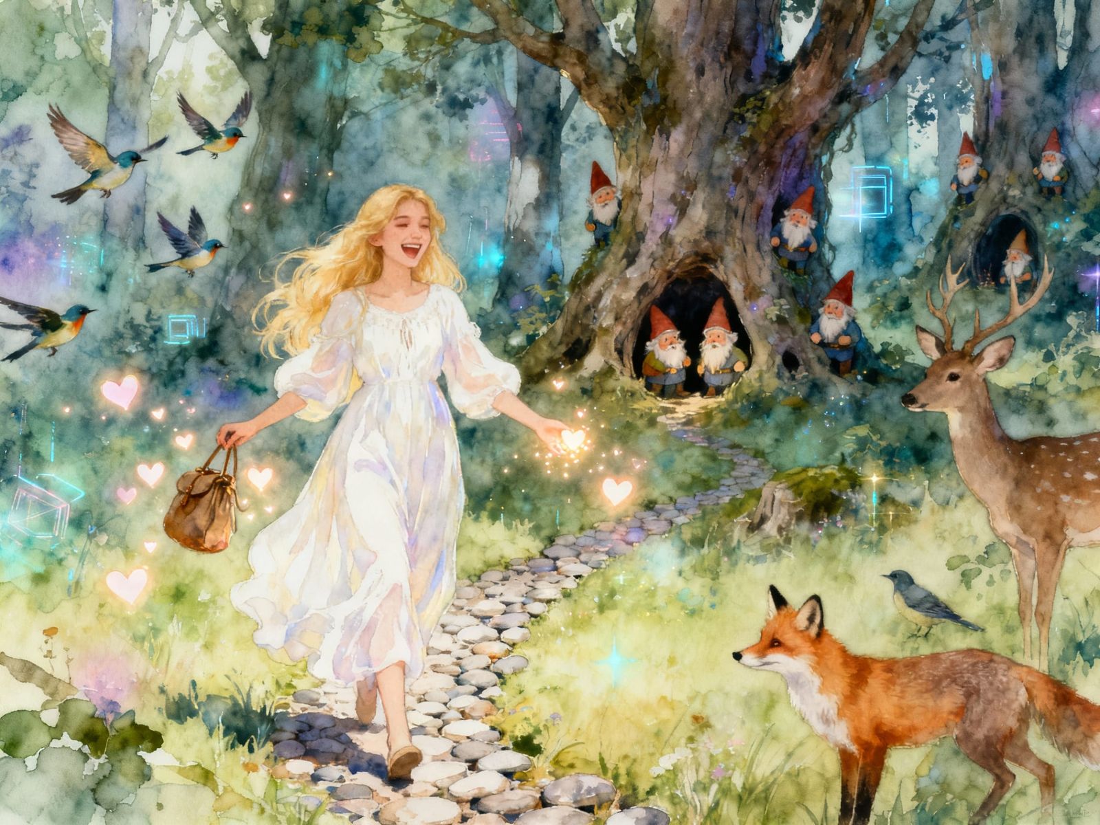 Magical Woodland Scene with Joyful Woman Scattering Hearts