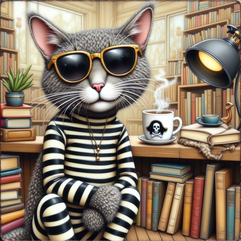 Pirate Cat in Retro Bookshop Encaustic Art