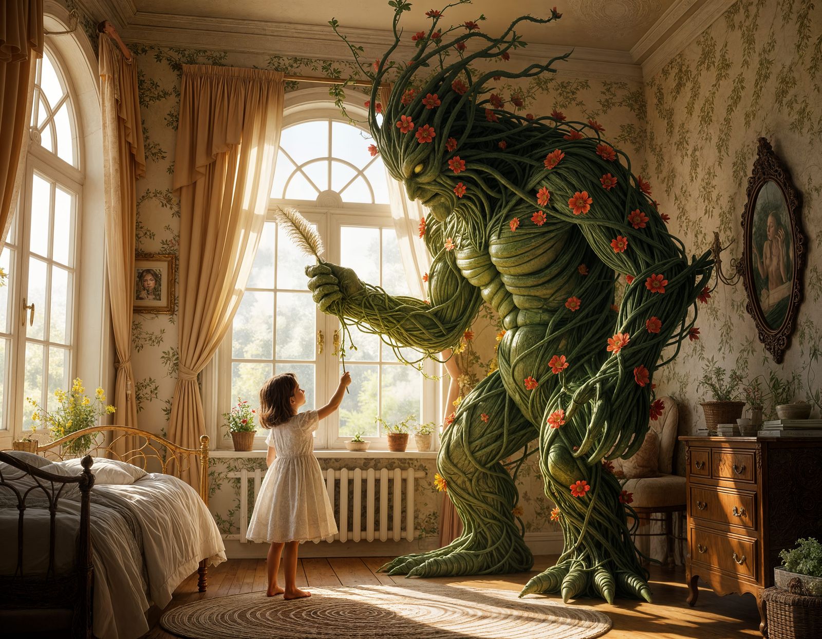 Giant Vine Creature Lifts Girl in Whimsical Bedroom
