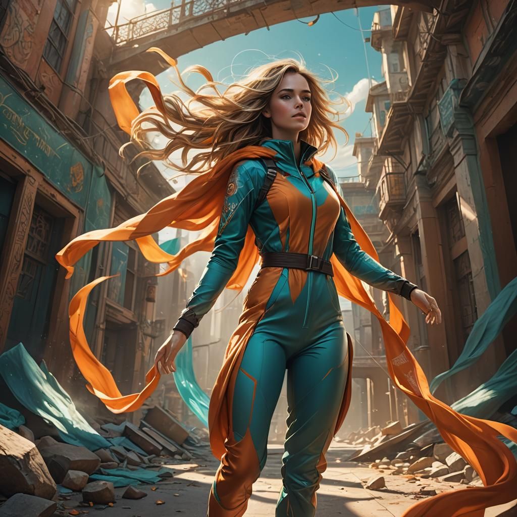 Woman in Orange and Teal Jumpsuit Digital Art