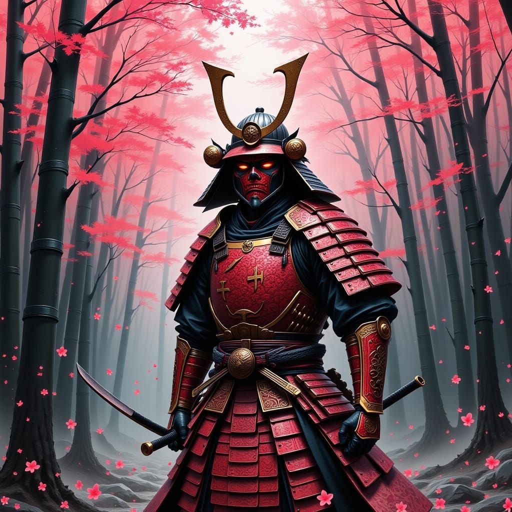 Samurai Warrior in Bamboo Forest with Cherry Blossoms