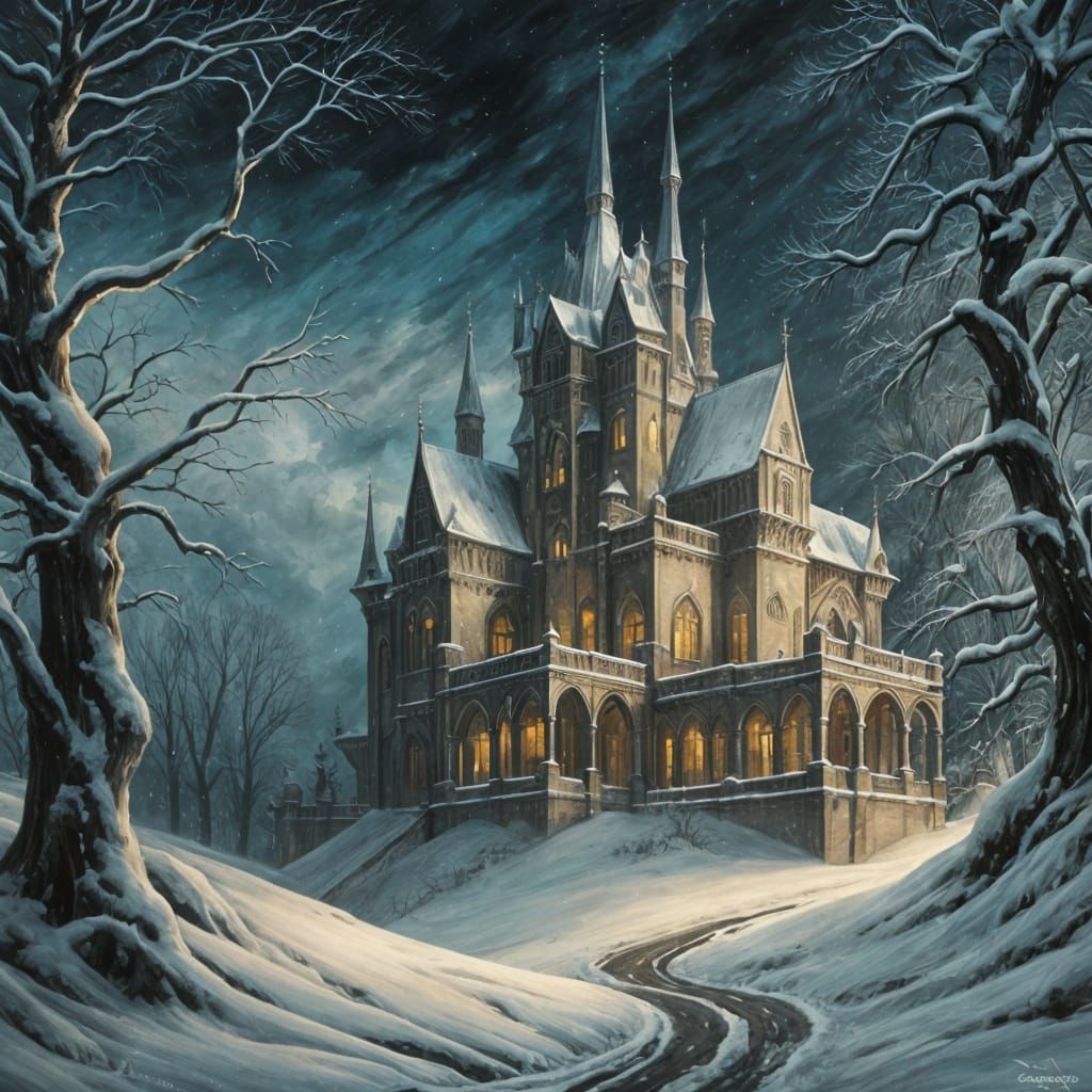 Gothic Castle in Snow: An Oil Painting