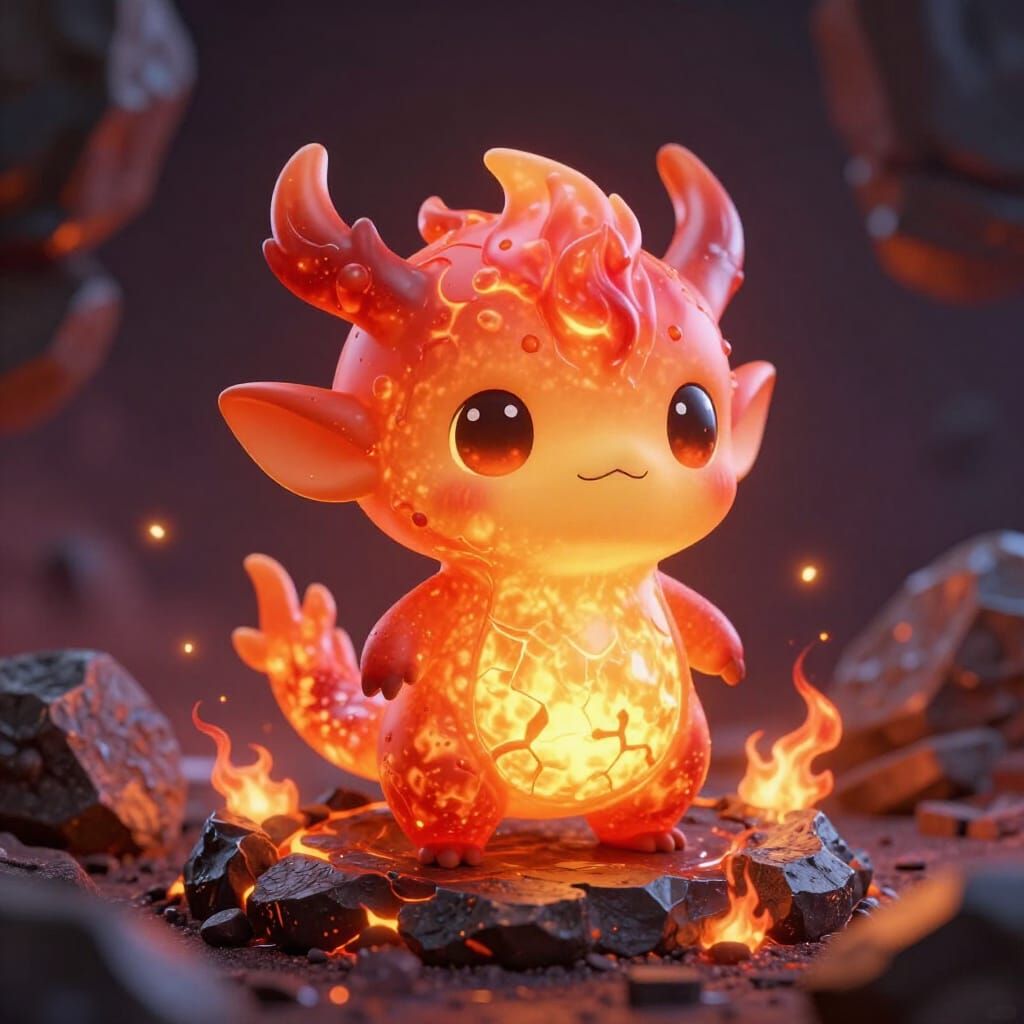 Kawaii Chibi Magma Fae Creature on Obsidian